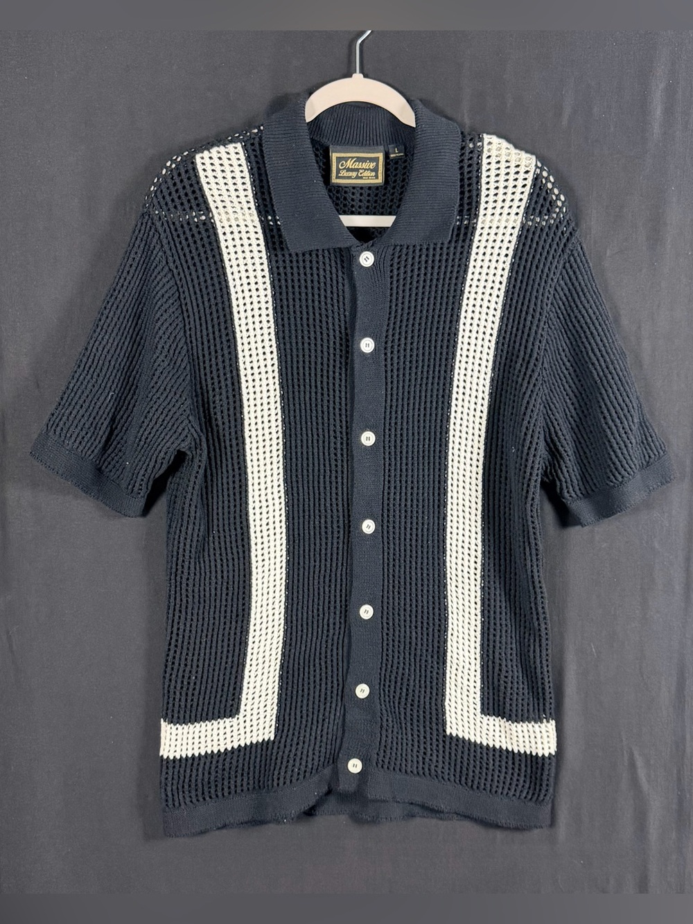 massive Lux Classic Black & White Open-Knit Button Down Polo Shirt Moto Coastal